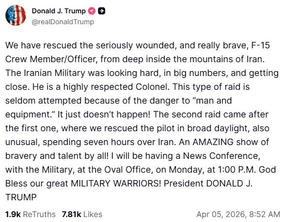 Trump diz que Irã ‘teve sorte’ ao abater F-15 e que temeu armadilha em resgate a piloto