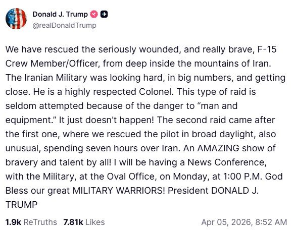 Trump diz que Irã ‘teve sorte’ ao abater F-15 e que temeu armadilha em resgate a piloto