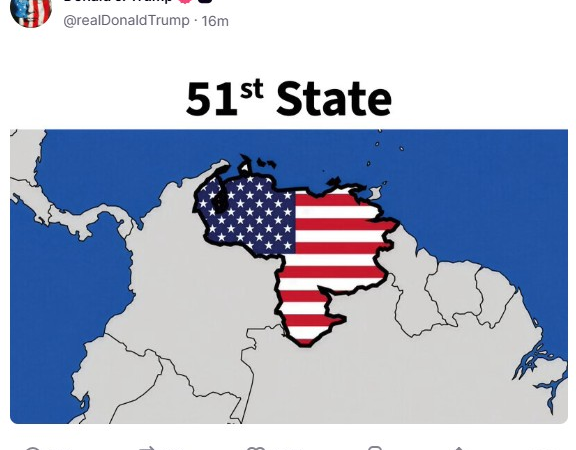 Trump posta mapa da Venezuela como 51º estado dos EUA