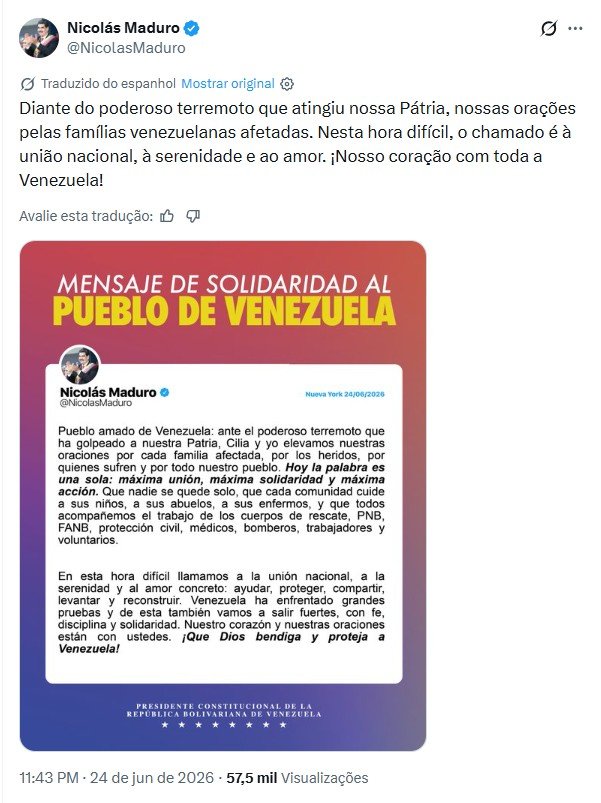 Detido em Nova York, Maduro manda mensagem sobre terremotos na Venezuela