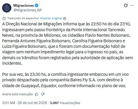 Flávio Bolsonaro e família cruzam fronteira e seguem em voo privado para o Equador, diz Migração argentina